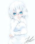  1girl blue_eyes blush breasts character_request copyright_request covering_mouth dated eyebrows_visible_through_hair hand_over_own_mouth large_breasts long_sleeves looking_at_viewer scarlet_zel short_hair signature sleeves_past_wrists solo white_hair 