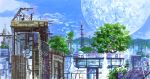  absurdres blue_sky building city cityscape clouds cloudy_sky day highres hirota_(masasiv3) light moon no_humans outdoors scenery science_fiction sky tower tree 