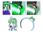  1girl :&gt; black_eyes blush_stickers comic commentary_request detached_sleeves frog_hair_ornament green_hair hair_ornament hair_tubes hairband itatatata kochiya_sanae oota_jun&#039;ya silent_comic simple_background smile snake_hair_ornament subterranean_animism touhou white_background 