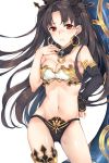  1girl blush breasts cleavage closed_mouth earrings eyebrows_visible_through_hair fate/grand_order fate_(series) frown highres hoop_earrings ishtar_(fate/grand_order) jewelry large_breasts long_hair looking_at_viewer navel rinarisa solo tohsaka_rin 