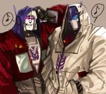  2boys 80s autobot blue_eyes decepticon dress glowing glowing_eyes headgear hoodie_dress insignia machine machinery mecha megatron multiple_boys no_humans oden_(dofuko) oldschool optimus_prime personification red_eyes robot transformers 