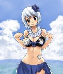  1girl :d bangs bikini bikini_top blue_rose blue_sky breasts brown_eyes clouds day eyebrows_visible_through_hair fairy_tail flower flower_on_head hair_flower hair_ornament hips large_breasts looking_at_viewer mashima_hiro navel ocean open_mouth rogue_cheney rose sarong short_hair sky smile solo sting_eucliffe stomach_tattoo swept_bangs swimsuit water white_hair yukino_aguria 