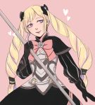  1girl armor blonde_hair bow dress drill_hair elise_(fire_emblem_if) fire_emblem fire_emblem_if gloves hair_bow hair_ornament holding pink_background simple_background smile solo staff violet_eyes 