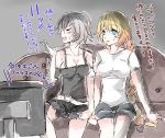  2girls belt blue_eyes blush bow braid breasts cleavage closed_eyes commentary_request couch detached_sleeves fang fate/grand_order fate_(series) fur_trim gradient gradient_background hair_bow jeanne_alter long_braid medium_breasts mirui multiple_girls open_mouth ruler_(fate/apocrypha) shirt short_shorts shorts silver_hair sitting sitting_on_object sweatdrop t-shirt television translation_request trembling 