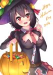  1girl 2016 absurdres basket black_hair blush bow breasts candy cleavage eyebrows_visible_through_hair food hair_bow happy_halloween highres holding_basket holmemee jack-o&#039;-lantern kono_subarashii_sekai_ni_shukufuku_wo! large_breasts looking_at_viewer medium_hair necktie parted_lips red_bow red_eyes red_necktie solo yunyun_(konosuba) 