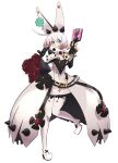  1girl blue_eyes bob_cut boots bouquet elphelt_valentine flower gloves grin guilty_gear guilty_gear_xrd gun highres holding holding_gun holding_weapon licking_lips looking_at_viewer rdc7229 rose simple_background smile solo thigh-highs tongue tongue_out weapon white_background white_hair 