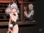  1boy 1girl animal_ears bartender black_leotard bow bowtie bunny_tail bunnysuit detached_collar finger_to_mouth fishnet_pantyhose fishnets highres kuro_taketo leotard looking_at_viewer old_man original pantyhose rabbit_ears red_bow red_bowtie red_eyes short_hair silver_hair strapless strapless_leotard tail twintails wrist_cuffs 