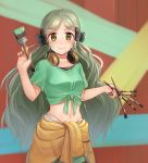  10s 1girl absurdres black_bow blush bow breasts closed_mouth collarbone crop_top green_eyes grey_hair hair_bow handa_roko headphones headphones_around_neck highres holding_paintbrush idolmaster idolmaster_million_live! kamille_(vcx68) long_hair looking_at_viewer medium_breasts midriff navel paintbrush smile solo 