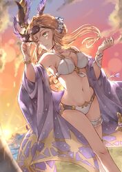  1girl bare_shoulders bikini bracelet braid brown_hair choker flower granblue_fantasy green_eyes groin hair_flower hair_ornament highres jewelry limitless_skye navel one_eye_closed solo song_(granblue_fantasy) sunglasses sunglasses_removed sunset swimsuit thigh_strap water 