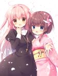  2girls :d ahoge bangs black_dress blue_eyes blush breasts brown_eyes brown_hair cherry_blossom_print cherry_blossoms commentary_request cowgirl_position cross cross_necklace dress eyebrows_visible_through_hair fang flower hair_between_eyes hair_flower hair_ornament japanese_clothes jewelry juliet_sleeves kimono long_hair long_sleeves looking_at_viewer looking_to_the_side medium_breasts miyasaka_miyu multiple_girls necklace nun obi open_mouth original outstretched_arm petals pink_hair pink_kimono pinwheel print_kimono puffy_sleeves sash shirt short_hair_with_long_locks smile standing straddling tareme turtleneck two_side_up undershirt very_long_hair white_background white_shirt wide_sleeves 