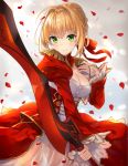  1girl aestus_estus blonde_hair blush breasts center_opening cleavage commentary dress epaulettes fate/extra fate_(series) green_eyes hitsukuya red_dress saber_extra see-through smile solo 