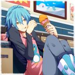  1boy alternate_hairstyle apron arms_up bird black_shirt blue_hair box child_drawing closed_mouth dramatical_murder drawer drawing eating eyebrows eyebrows_visible_through_hair food food_on_clothes hair_between_eyes hair_over_shoulder hiiroichi holding ice_cream ice_cream_cone indoors licking licking_hand long_hair long_sleeves male_focus pants penguin pink_apron plant ponytail potted_plant seragaki_aoba shelf shirt shoes simple_background sitting solo tongue yellow_eyes 