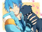  &gt;;) 1boy blue_hair clenched_teeth dog dog_paws dramatical_murder eyebrows eyebrows_visible_through_hair hair_between_eyes hiiroichi holding jacket licking long_hair long_sleeves looking_at_another male_focus paws ren_(dramatical_murder) seragaki_aoba simple_background smile teeth tongue upper_body yellow_background yellow_eyes 