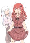  2girls :d ^_^ ahoge alternate_hairstyle bat_hair_ornament blush breasts brown_skirt closed_eyes collarbone comb commentary_request curling_iron curly_hair dress eyebrows_visible_through_hair gabriel_dropout hair_between_eyes hair_ornament highres holding kurumizawa_satanichia_mcdowell large_breasts leaning_to_the_side long_hair long_sleeves multiple_girls nose_blush open_mouth orange_hair pink_dress pink_eyes pink_sweater plaid plaid_dress puffy_short_sleeves puffy_sleeves sekaihebi shiraha_raphiel_ainsworth short_sleeves sketch skirt skirt_hold smile standing sweatdrop sweater trembling white_background white_hair 