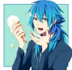  1boy ahoge blue_background blue_hair blue_shirt brown_eyes dramatical_murder eyebrows eyebrows_visible_through_hair fingers food food_on_face frame gradient gradient_hair hair_between_eyes hiiroichi holding ice_cream ice_cream_cone long_hair long_sleeves looking_at_viewer male_focus melting multicolored_hair open_mouth seragaki_aoba shirt solo teeth tongue two_side_up upper_body 