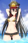  1girl arms_behind_head black_hair blush breasts chixiao collarbone demon_archer eyebrows_visible_through_hair fate/grand_order fate_(series) headphones headphones_around_neck highres long_hair looking_at_viewer medium_breasts navel one_eye_closed parted_lips red_eyes smile solo swimsuit teeth 
