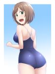  10s 1girl ass blue_background blue_swimsuit brown_hair competition_school_swimsuit from_behind gradient gradient_background green_eyes idolmaster idolmaster_cinderella_girls looking_at_viewer looking_back maekawa_miku open_mouth pataniito school_swimsuit short_hair solo swimsuit 