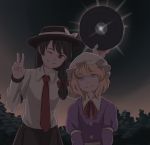  2girls black_hair blonde_hair bow commentary dark_sky disc dress eclipse hair_bow hat hat_bow holding long_sleeves maribel_hearn mefomefo mob_cap multiple_girls necktie one_eye_closed purple_dress red_eyes shaded shirt short_hair side_ponytail skirt smile touhou tree upper_body usami_renko v violet_eyes white_shirt 