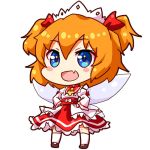  1girl :d bangs black_shoes blue_eyes blush_stickers chibi commentary eyebrows_visible_through_hair fairy_wings fang frilled_shirt_collar frilled_skirt frills full_body hair_between_eyes hairband hands_on_hips loafers long_sleeves looking_at_viewer lowres open_mouth orange_hair red_collar red_skirt renren_(ah_renren) shirt shoes short_hair simple_background skirt smile solo standing sunny_milk touhou two_side_up white_background white_hairband white_legwear white_shirt wings yellow_ascot 