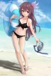  10s 1girl absurdres beach bikini black_bikini brown_hair chamu_(chammkue) clouds crescent crescent_moon_pin diving_mask diving_mask_removed front-tie_top full_body hair_ornament highres innertube kantai_collection kisaragi_(kantai_collection) long_hair looking_at_viewer navel open_mouth outdoors sandals side-tie_bikini sky snorkel solo standing swimsuit twitter_username violet_eyes 