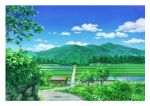  absurdres blue_sky clouds cloudy_sky day grass highres hirota_(masasiv3) house mountain no_humans outdoors scenery sky tree water 