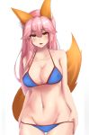  1girl absurdres animal_ears bangs bikini bikini_pull blue_bikini blush breasts collarbone cowboy_shot erect_nipples eyebrows_visible_through_hair fang fate/grand_order fate_(series) fox_ears fox_tail hair_between_eyes hair_flaps hand_on_hip highres large_breasts long_hair looking_at_viewer navel open_mouth pink_hair solo string_bikini swimsuit tail tamamo_(fate)_(all) tamamo_no_mae_(fate) tamamo_no_mae_(swimsuit_lancer)_(fate) thigh_gap undressing yellow_eyes yukikiri 