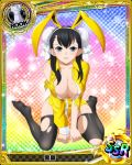  1girl animal_ears artist_request black_eyes black_hair black_legwear breasts bun_cover card_(medium) character_name chess_piece cleavage double_bun high_school_dxd large_breasts official_art rabbit_ears rook_(chess) solo thigh-highs torn_clothes torn_thighhighs trading_card xuelan 