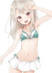  1girl absurdres arm_up armpits bangs bikini breasts brown_eyes collarbone cowboy_shot eyebrows_visible_through_hair fate/kaleid_liner_prisma_illya fate_(series) green_bikini highres illyasviel_von_einzbern long_hair looking_at_viewer miniskirt natsu_(sinker8c) navel open_mouth sidelocks silver_hair simple_background skirt small_breasts smile solo swimsuit tsurime white_background white_skirt 