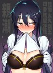  1girl black_bra black_hair blush bra breasts cleavage gloves hair_ornament hairclip highres kantai_collection lifted_by_self long_hair looking_away medium_breasts mouth_hold oyashio_(kantai_collection) shirt shirt_lift solo taketora_suzume underwear upper_body white_gloves white_shirt 