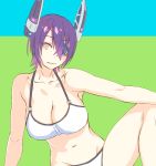  bare_arms bare_shoulders breasts brown_eyes fang halter_top large_breasts light_smile looking_at_viewer purple_hair short_hair solo tenryuu_(kantai_collection) white_bikini yuuji_(and) 