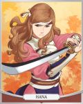  1girl brown_eyes brown_hair curly_hair fire_emblem fire_emblem_if headband holding holding_sword holding_weapon japanese_clothes katana kazahana_(fire_emblem_if) leaf long_hair looking_at_viewer maple_leaf sword weapon 