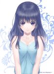  1girl artist_name black_hair blue_eyes blue_shirt breasts cleavage collarbone highres long_hair looking_at_viewer original shiny shiny_skin shirt small_breasts smile solo standing taue_shunsuke upper_body white_background 