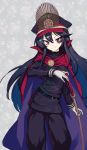  1girl belt black_hair black_hat closed_mouth demon_archer eyebrows_visible_through_hair fate/grand_order fate_(series) gloves hat highres kotoribako long_hair long_sleeves looking_at_viewer red_eyes smile solo white_gloves 