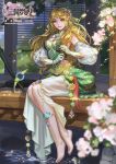  1girl barefoot blonde_hair breasts brown_eyes cleavage copyright_name dated detached_sleeves floral_print flower gloves hair_ornament highres long_hair looking_at_viewer medium_breasts midriff official_art original parted_lips ripples romance_of_the_three_kingdoms sitting solo water weibo_id white_gloves xiaji 