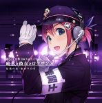  1girl armband black_hat blush eyebrows_visible_through_hair gloves green_eyes hat headset long_sleeves looking_at_viewer open_mouth original pink_hair short_hair smile solo upper_body vania600 white_gloves 
