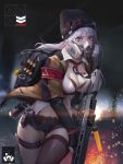  1girl backpack bag black_gloves blue_eyes breasts chen_hg cleavage fingerless_gloves gas_mask gloves gun highres holding holding_gun holding_weapon large_breasts long_hair looking_at_viewer navel original silver_hair solo weapon 
