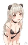 1girl animal_ears bare_shoulders black_bra black_panties blush bra breasts cleavage collar collarbone eyebrows_visible_through_hair grey_hair hands_on_own_knees highres leaning_forward long_hair looking_at_viewer medium_breasts navel open_mouth original panties saliva signature simple_background solo strap_slip underwear underwear_only wet.elephant white_background 