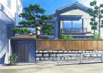  absurdres balcony blue_sky bush clouds day door grass highres hirota_(masasiv3) house no_humans outdoors plant potted_plant railing road scenery sky stairs stone_wall street town tree wall window wooden_wall 