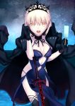  1girl artoria_pendragon_(all) besmiled blonde_hair blush breasts cleavage eyebrows_visible_through_hair food highres large_breasts looking_at_viewer navel open_mouth popsicle saber_alter short_hair smile solo sword weapon yellow_eyes 