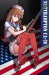  1girl american_flag anchor_symbol aqua_eyes black_shirt brown_hair character_name closed_mouth gun hat holding holding_gun holding_weapon knees_up light_smile long_hair looking_away neckerchief northampton_(zhan_jian_shao_nyu) panties pantyshot pantyshot_(sitting) pleated_skirt puffy_short_sleeves puffy_sleeves reclining red_legwear red_neckerchief rifle rudder_shoes sailor_collar sailor_hat shadow shirt short_sleeves simple_background sitting sitting_on_ground skirt solo star star_print thigh-highs trigger_discipline underwear weapon white_hat white_panties white_shirt white_skirt yilei zhan_jian_shao_nyu 