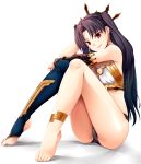  1girl ass barefoot black_hair blush breasts cleavage closed_mouth eyebrows_visible_through_hair fate/grand_order fate_(series) feet highres ishtar_(fate/grand_order) large_breasts long_hair looking_at_viewer no_shoes red_eyes rixch single_thighhigh sitting smile solo thigh-highs toeless_legwear toes tohsaka_rin 