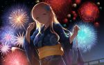  1girl bangs blonde_hair blue_eyes blue_kimono boku_wa_tomodachi_ga_sukunai breasts butterfly_hair_ornament cait festival fireworks floral_print hair_ornament half-closed_eyes highres holding japanese_clothes kashiwazaki_sena kimono large_breasts long_hair long_sleeves looking_at_viewer night night_sky obi outdoors pouch sash sky smile solo star_(sky) starry_sky tareme upper_body wide_sleeves yukata 