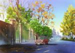  absurdres autumn_leaves bare_tree blue_sky car day evening gate ground_vehicle highres hirota_(masasiv3) mini_cooper motor_vehicle no_humans outdoors road scenery sky street tree wall 