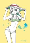  1girl :d alpha_(yukai_na_nakamatachi) ayase_arisa bikini blush character_name commentary_request dated frilled_bikini frills green_bikini hair_ornament hairclip hands_on_headwear hat highres jpeg_artifacts love_live! love_live!_school_idol_project open_mouth partially_colored smile solo straw_hat striped striped_bikini swimsuit yellow_background 