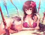  1girl beach bikini blush bracelet breasts brown_hair eyebrows_visible_through_hair fate/grand_order fate_(series) flower hair_flower hair_ornament jewelry large_breasts light_smile long_hair looking_at_viewer lying navel on_side partially_submerged red_bikini red_eyes scathach_(fate/grand_order) smile solo swimsuit water yomono 