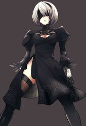  1girl black_background black_legwear dress eyepatch gloves highres looking_at_viewer nier_(series) nier_automata rdc7229 simple_background skirt solo thigh-highs white_hair yorha_no._2_type_b 