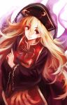  1girl absurdres bangs black_dress blonde_hair closed_mouth cowboy_shot dress eyebrows_visible_through_hair hair_between_eyes hat highres junko_(touhou) long_hair long_sleeves looking_at_viewer neck_ribbon red_eyes red_ribbon ribbon smile solo tabard touhou usotsuki_penta wide_sleeves 