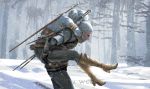  1boy 1girl armor artist_name beard ciri facial_hair geralt_of_rivia highres piggyback pine_tree snow sword_on_back the_witcher_3 tree white_background wlop 