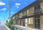  balcony blue_sky building bush clouds day door highres hirota_(masasiv3) house no_humans outdoors plant potted_plant railing scenery sky telephone_pole town tree utility_pole window 