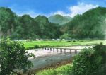  absurdres blue_sky bridge building clouds cloudy_sky commentary day forest grass highres hill hirota_(masasiv3) house nature no_humans outdoors river scenery sky village water 